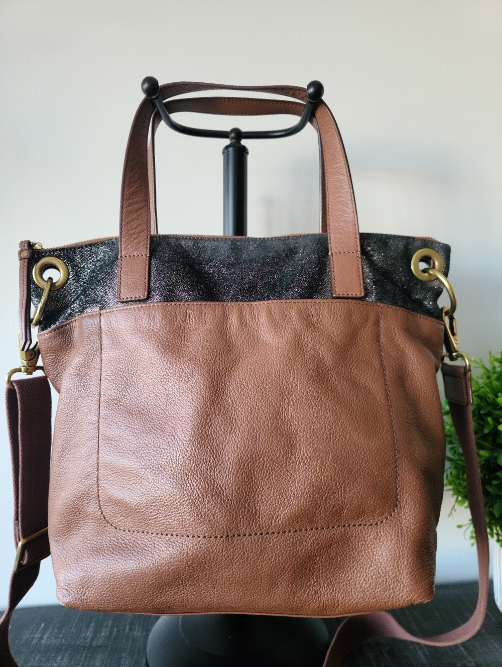 Fossil Leather Brown & Sparkly Black Tote Crossbody Bag